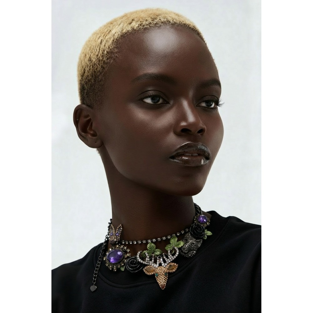 Swarovski Statement Necklace Deer Cat Head Purple Rhinestone Black Rose Choker